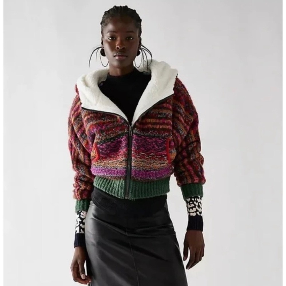 Free People Rue Sherpa Lined Knit Zip Up Hoodie Multi-Color Striped Jacket XS